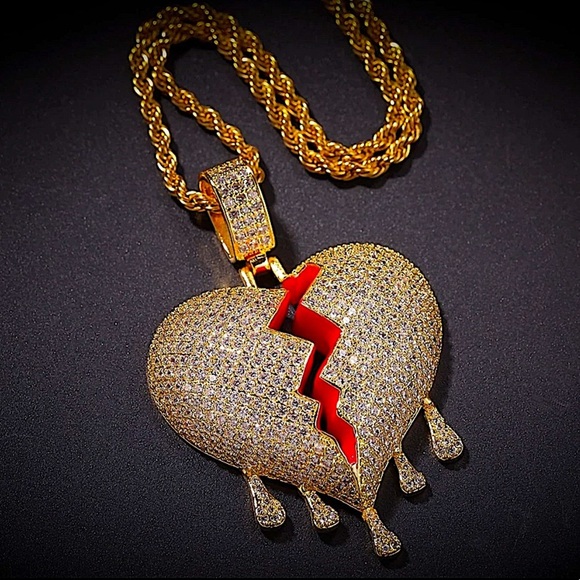 GOLD PLATED BLEEDING ZIRCON HEART ROPE CHAIN CHARM UNISEX NECKLACE - Picture 5 of 12